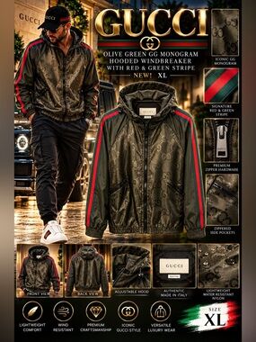 Gucci Olive Green GG Monogram Hooded Windbreaker with Red & Green Stripe🔥New! XL